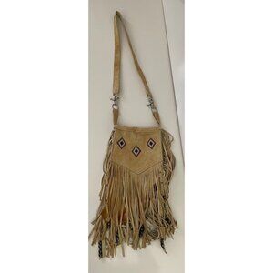 Vintage Handmade Boho Suede Fringe Crossbody Bag – Western Tribal Shoulder Bag w